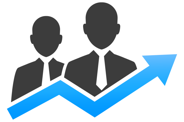 Cubiks' identifying potential talent tool icon of blue upward trajectory arrow in front of two grey business people